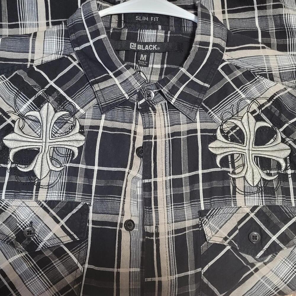 CJ Black Western Embroidered Long Sleeve Plaid Button Down Men Shirt M